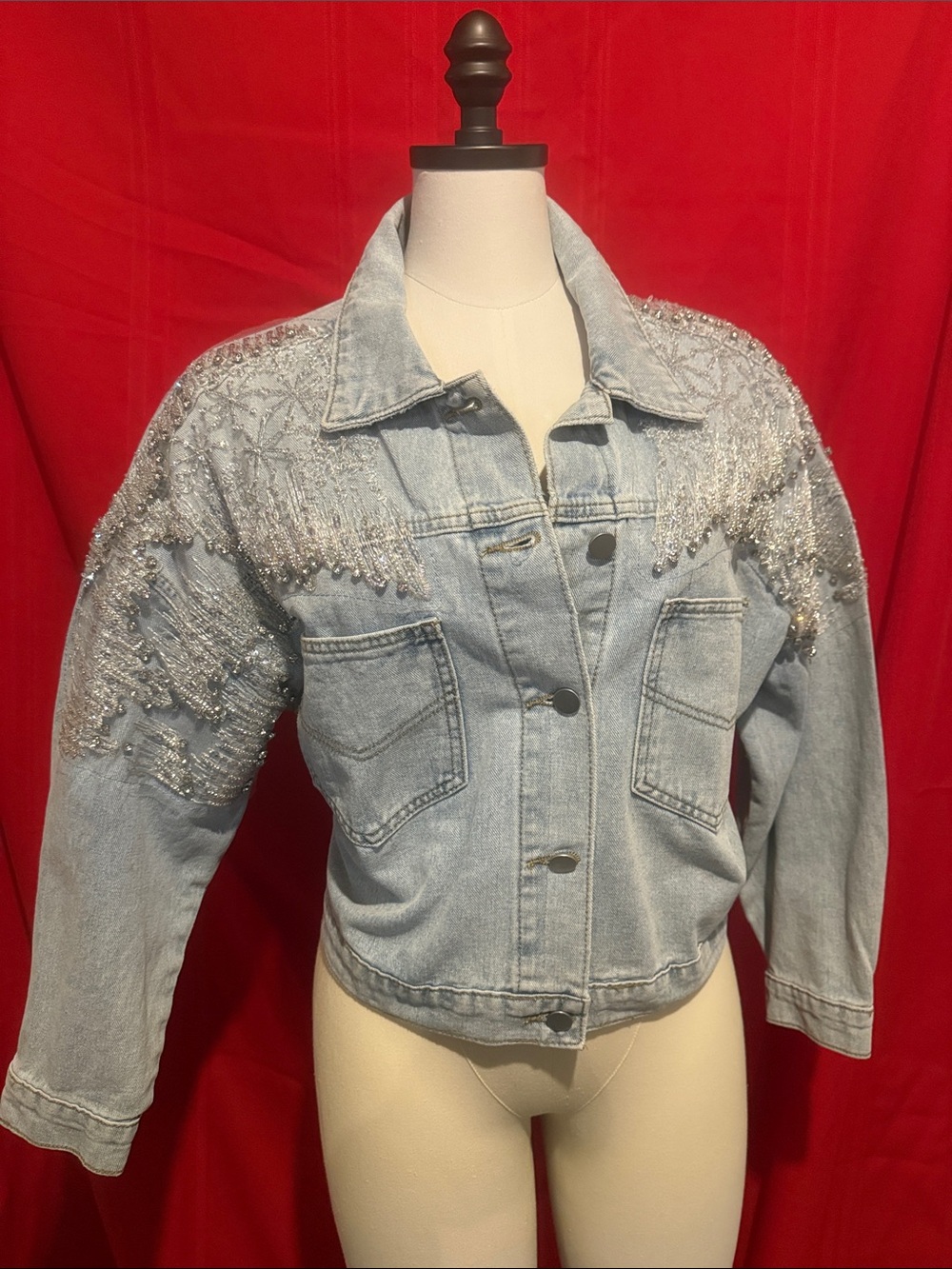 DAVI & DANI Light Blue Beaded Denim Jacket